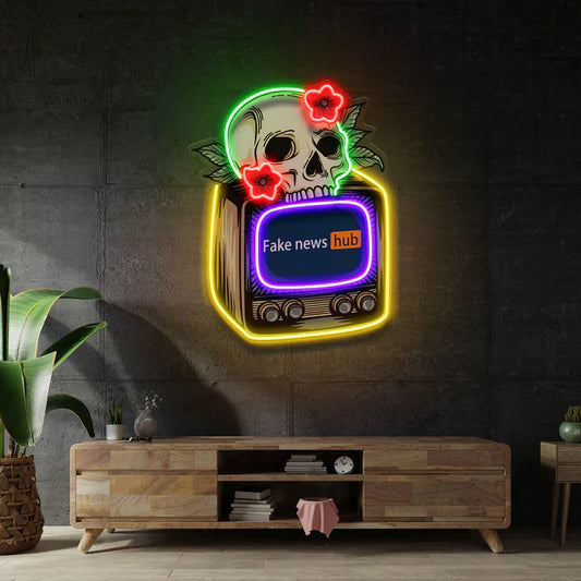 Televisión y Calavera (Centro de noticias falsas) Arte de neón Letrero de neón LED Luz de neón