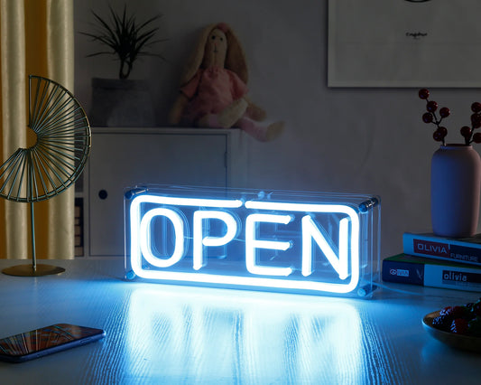 Letrero de neón LED de escritorio abierto