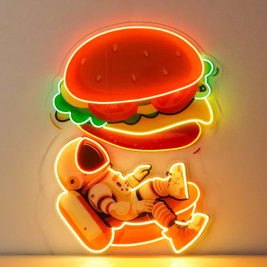 Letrero de neón LED de arte de neón de astronauta y hamburguesa