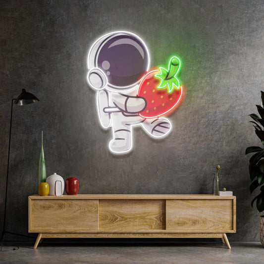 Letrero de neón LED de arte de neón de astronauta sosteniendo fresa