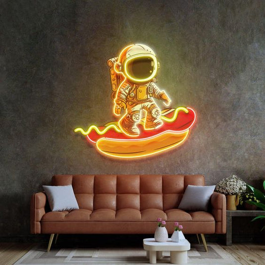 Letrero de neón LED de perro caliente astronauta