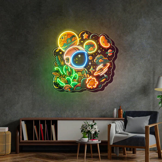 Astronauta Planeta Universo Neón Arte Letrero Neón LED Luz Neón