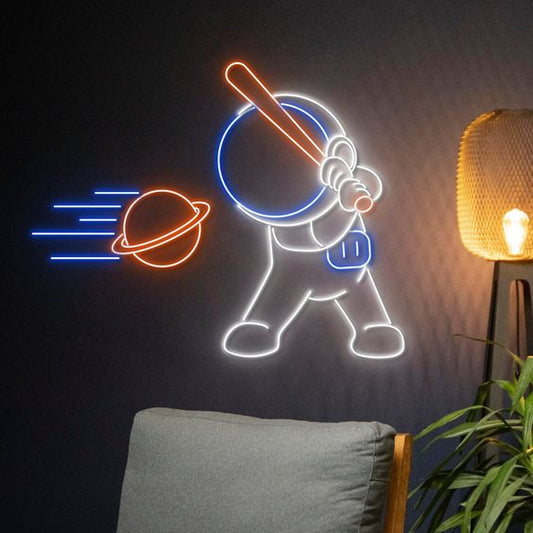 Letrero de neón LED "Astronauta jugando béisbol en el espacio"