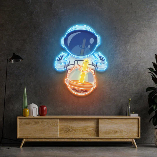 Arte de neón de astronauta de té de burbujas, letrero de neón LED, luz de neón