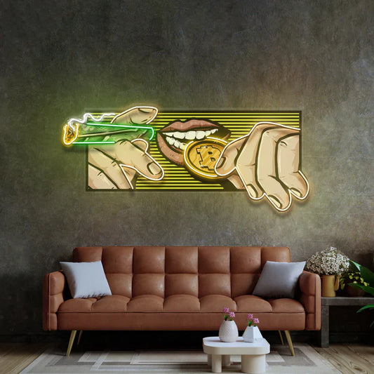 Arte Neón de Dinero Quemándose y Bitcoin Luz de Neón Letrero de Neón