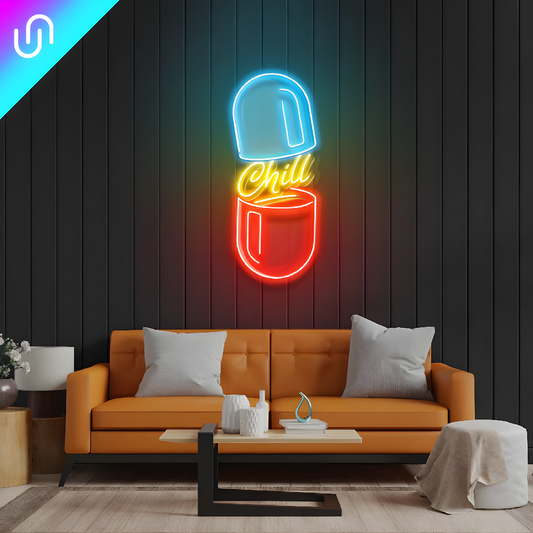 Cartel de neón LED artístico "Chill Red and Blue Pill Neon Art"