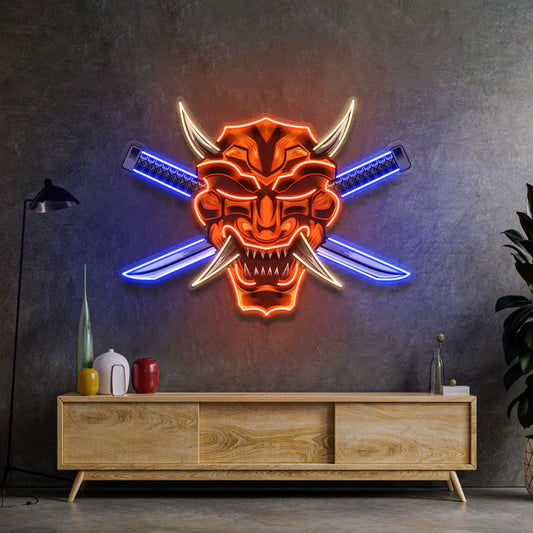Máscara de samurái con espadas cruzadas, arte de neón, letrero de neón LED, luz de neón
