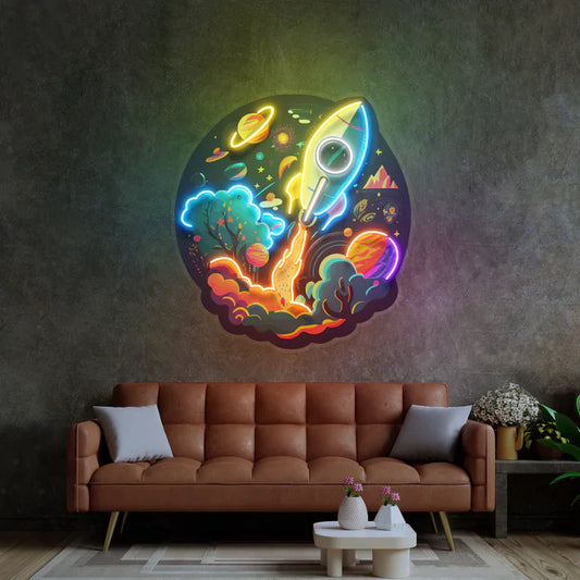 Letrero de neón LED con diseño de cohete galáctico