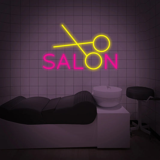 Letrero de neón LED para peluquería "Salon and Scissors"