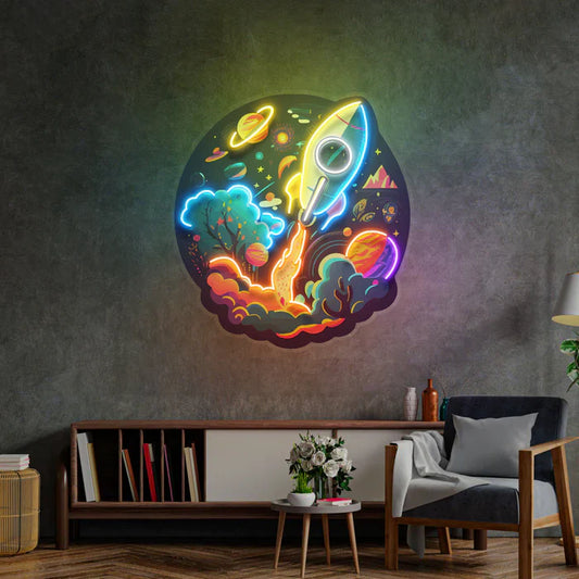 Nave espacial, planeta, universo, arte de neón, cartel de neón LED, luz de neón